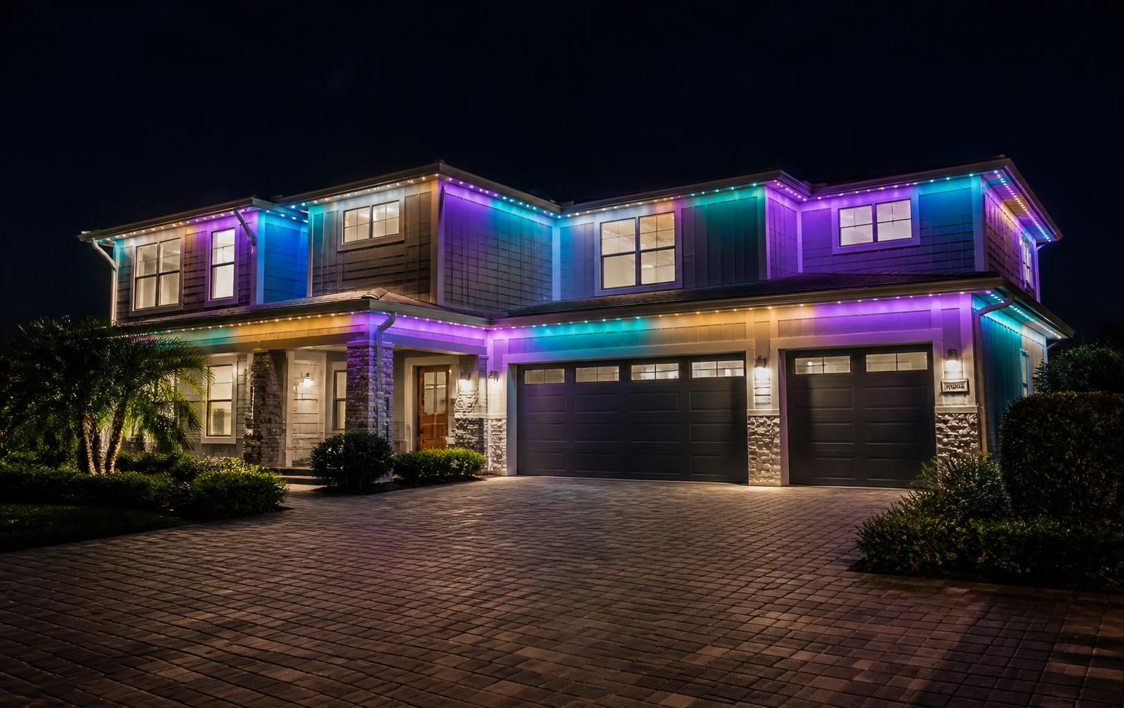 Home with color-changing permanent LED lighting along the roofline
